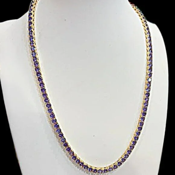 18K Gold Plated Tennis Necklace, 4mm Simulated Purple Amethyst Gemstone - Picture 6 of 6